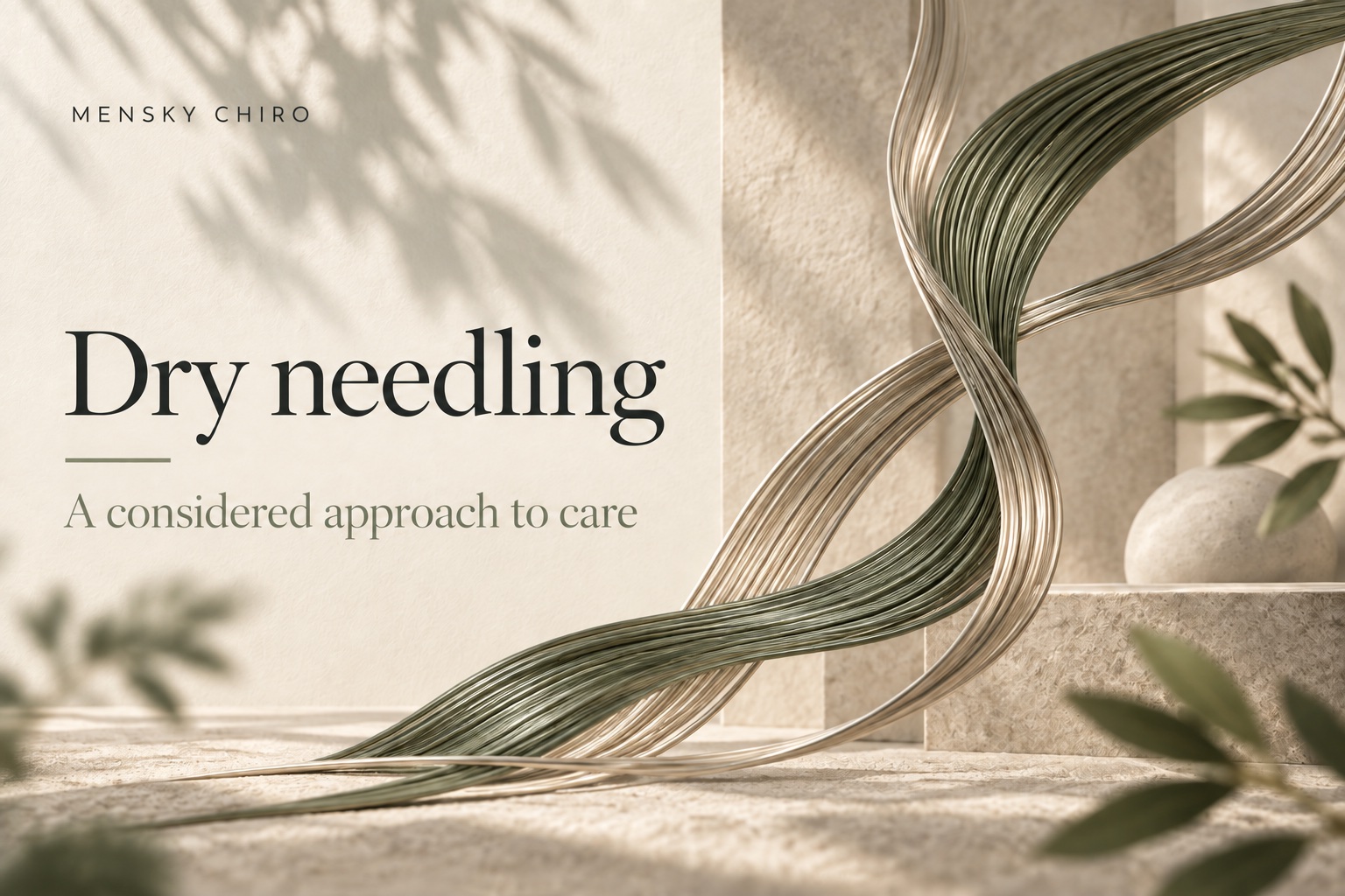 Abstract sage and metallic strands introducing Mensky Chiro’s dry needling guide.