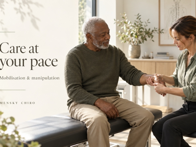 Generated editorial scene of a woman chiropractor assessing an older man’s wrist, with the words Care at your pace.