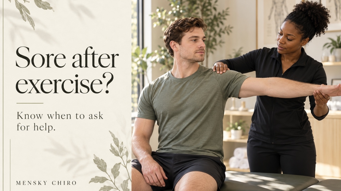 Generated editorial scene of a woman chiropractor assessing a young adult man’s shoulder movement, titled Sore after exercise?