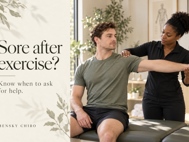 Generated editorial scene of a woman chiropractor assessing a young adult man’s shoulder movement, titled Sore after exercise?