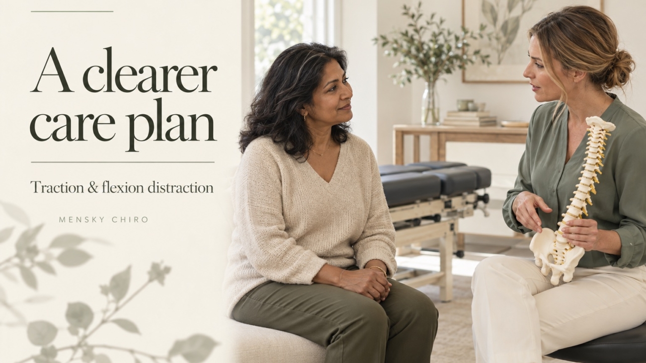 Generated editorial scene of a woman chiropractor discussing spinal care with a middle-aged woman, titled A clearer care plan.