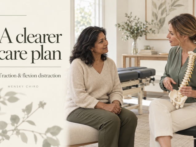 Generated editorial scene of a woman chiropractor discussing spinal care with a middle-aged woman, titled A clearer care plan.
