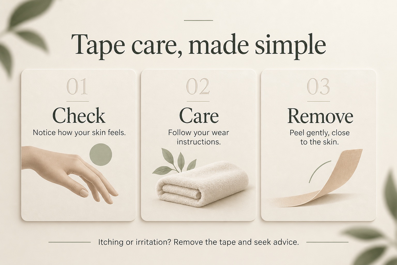 Tape care: check your skin, follow wear instructions and remove gently